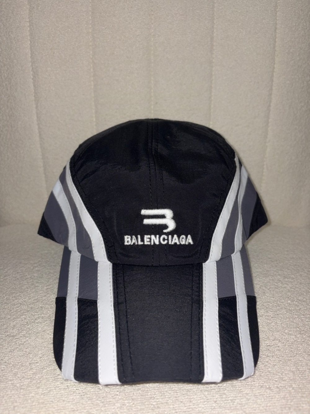 Balenciaga Black with Gray and White Striped Logo Cap